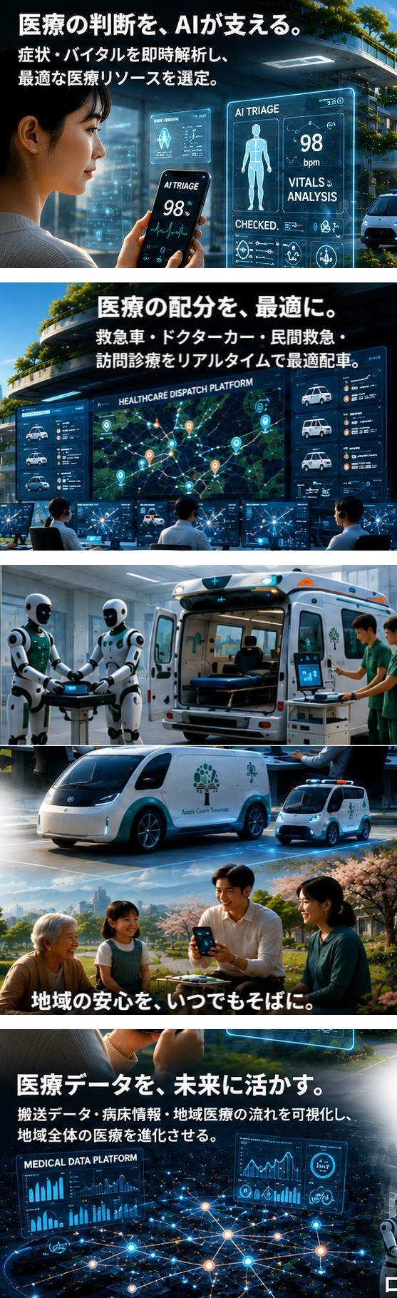 ウェアラブル端末による情報共有 医療指令センター緊急車両 ロボットが医療現場を支える 家族の安心 Patient Journeyデータ統合 病院救急車導入支援 静岡県浜松市